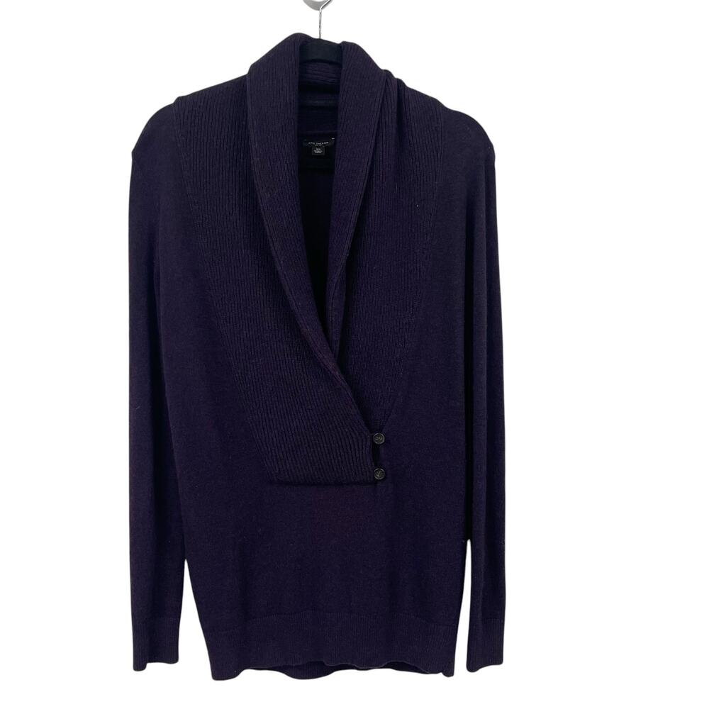 Ann Taylor V Neck Button Front Faux Wrap Sweater Dark Purple Womens XS